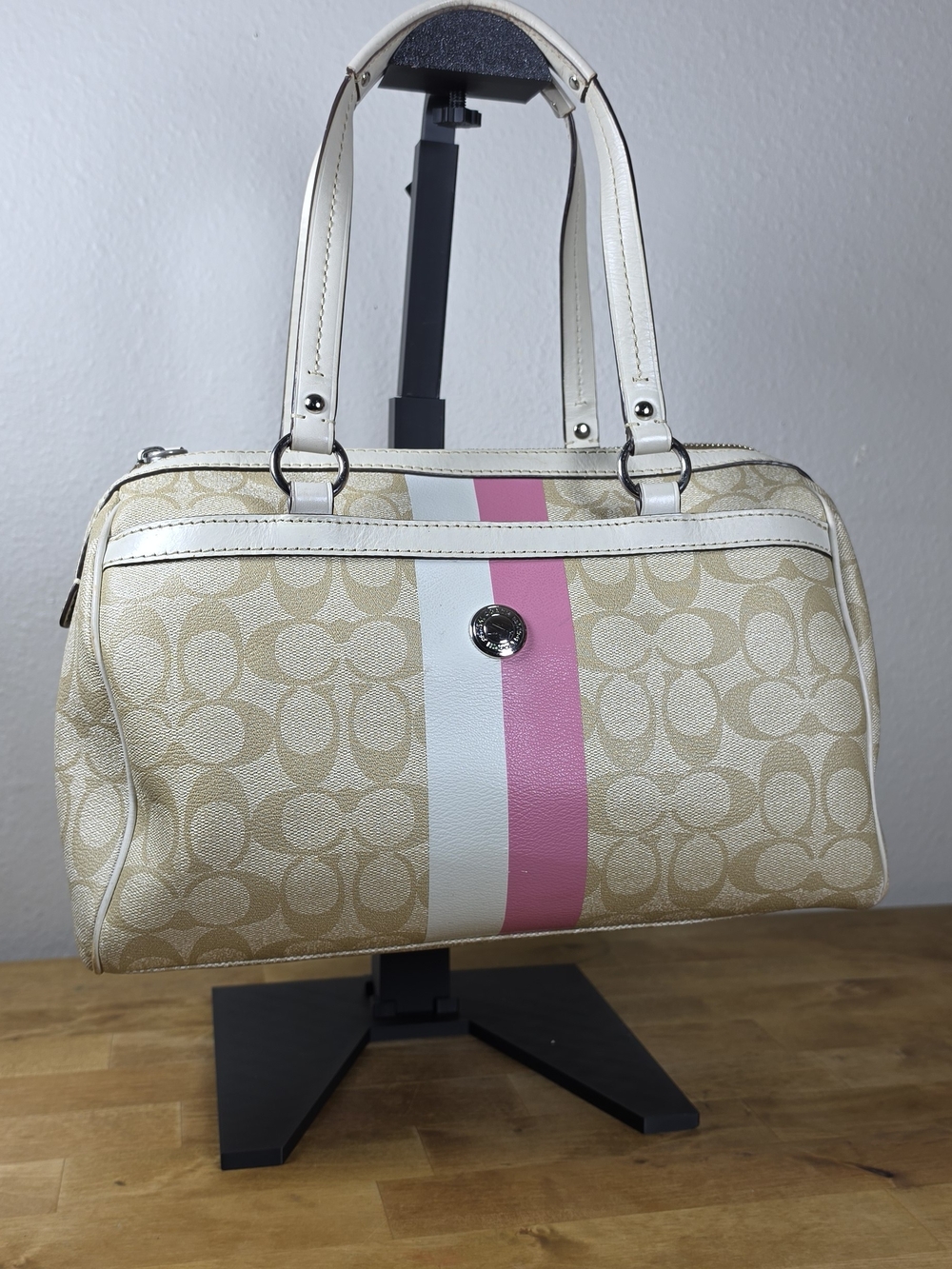 Coach F14478 Chelsea Heritage Stripe Signature Satchel Pink White Khaki